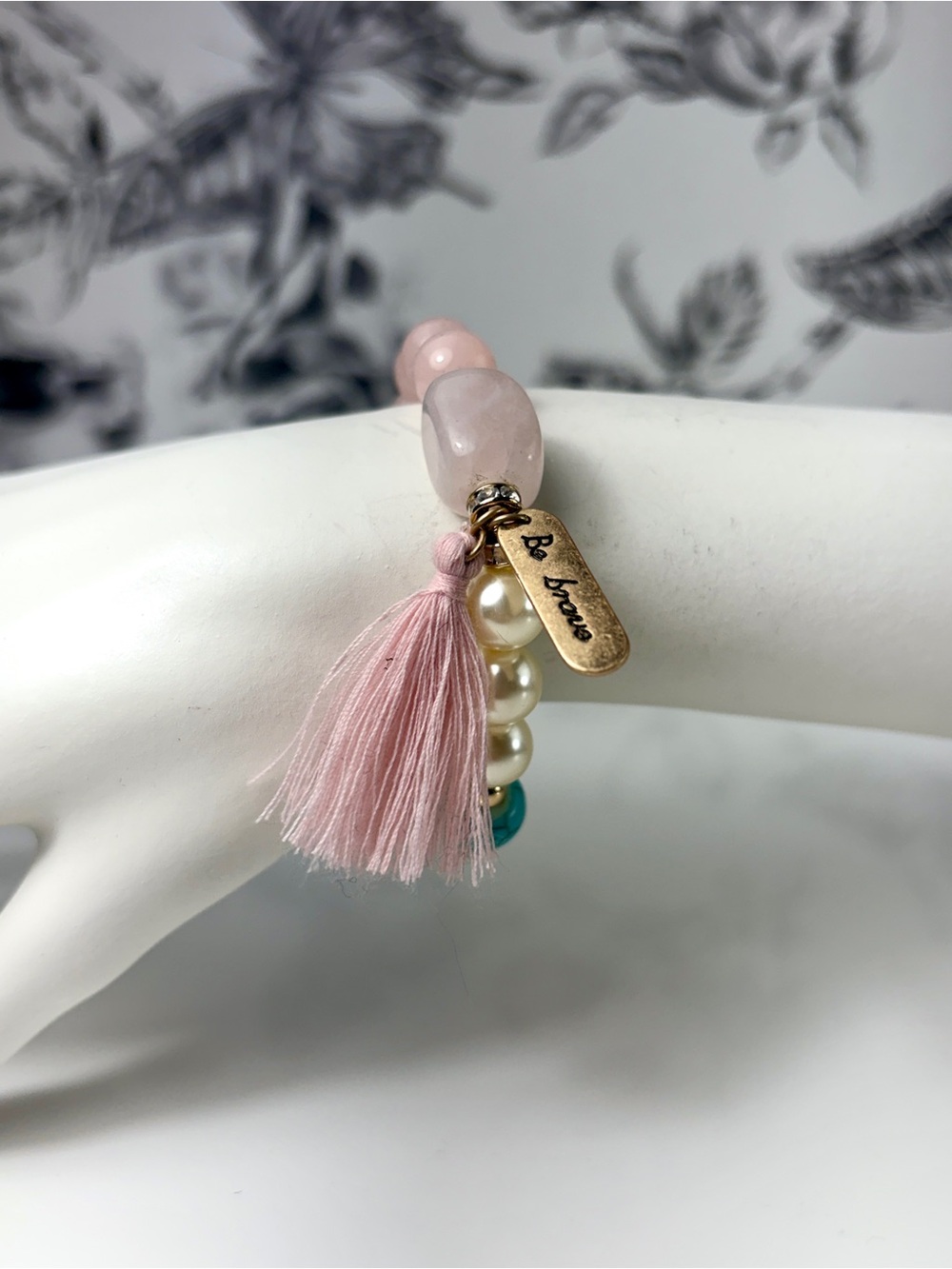 Inspired Life Rose Quartz “Be Brave” Tassel Charm Bracelet